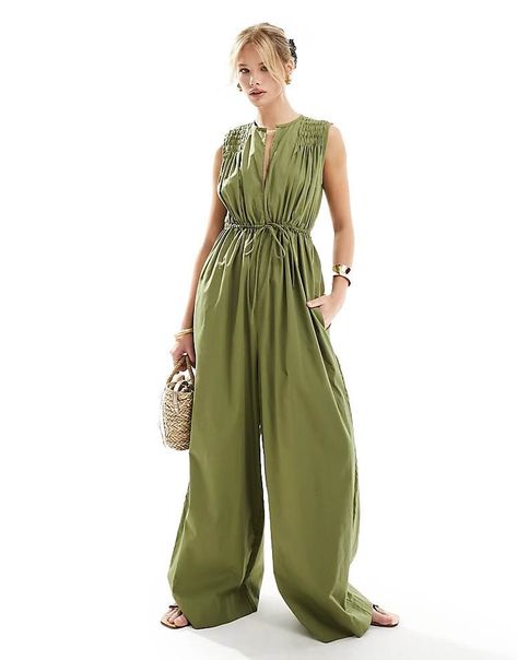 Elevate your wardrobe with this chic khaki shirred shoulder tie waist wide leg jumpsuit. Perfect for any occasion, this versatile piece combines comfort and style effortlessly. Discover the perfect blend of elegance and casual flair, ideal for summer outings or relaxed evenings. Shop now for a must-have addition to your fashion collection! Holiday Dress Outfit, Winter Party Dress, Long Sleeve Floral Dress, Satin Slip Dress, Maxi Dress Trend, Active Wear Leggings, Petite Maternity, Wide Leg Jumpsuit, Floral Dress Black