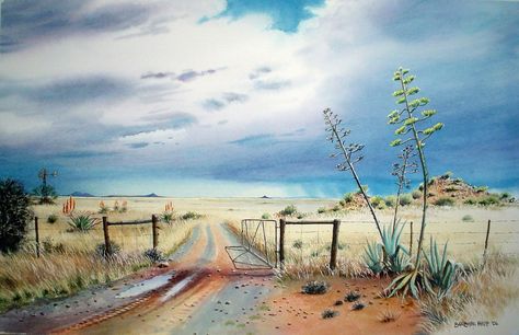 Karoo landscape with gate » Barbara Philip - African Painting Karoo Landscape, South Africa Art, Sa Art, South African Landscapes, Stella Art, Farmhouse Paintings, Farm Paintings, South African Art, African Paintings