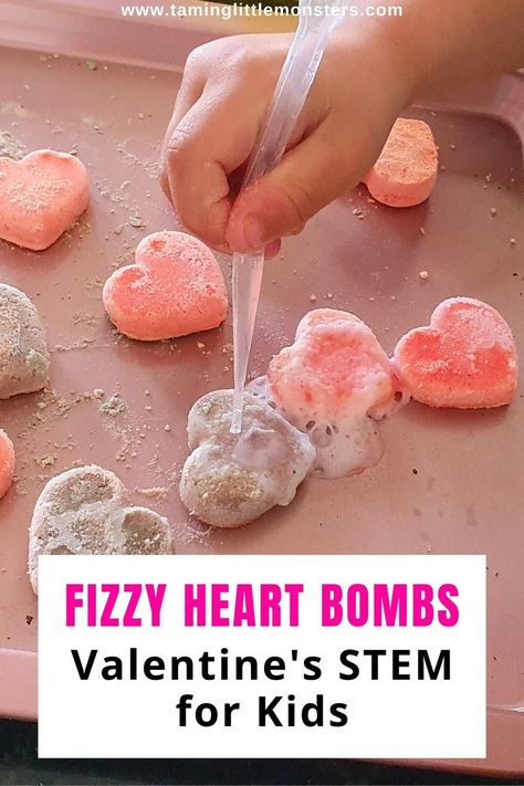 Fizzy Heart Bombs (Valentines STEM for Kids). Fun Valentine's day themed science activity for toddlers and preschoolers. #valentine #STEM #science #toddler #preschool #kindergarten Prek Valentines Science, Heart Stem Activities For Kids, Valentines Stem, February Stem Activities, New Year Card Handmade, Valentines Day Science, Curriculum Themes, Valentine Stem, Science Activities For Toddlers