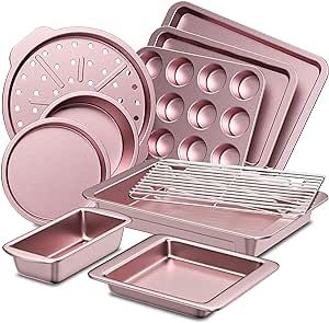 HONGBAKE Bakeware Sets, Baking Pans Set, Nonstick Oven Pan for Kitchen with Wider Grips, 10-Pieces Including Rack, Cookie Sheet, Cake Pans, Loaf Pan, Muffin Pan, Pizza Pan - Pink Cookie Sheet Cake, Muffin Pan Pizza, Baking Pans Set, Cake Pan Set, Oven Pan, Square Cake Pans, Jelly Roll Pan, Sheet Cake Pan, Pizza Pan