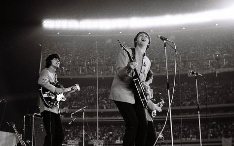 Photos of the Beatles' Shea Stadium performance in August 1965 in New York, taken by amateur photographer Marc Weinstein, are due be sold at Omega Auctions in Stockport on Friday March 22nd, 50 years to the day since the band released their first album Please Please Me. Beatles Shea Stadium, Beatles Interview, Stadium Concert, The Beatles Live, Beatles Guitar, Famous Guitars, Shea Stadium, Ed Sullivan, Beatles Photos