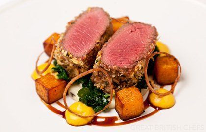 Richard Davies' venison with Parmesan crust recipe is laced with some sophisticated touches, from crispy shallot rings to diced and puréed butternut squash. A hearty and impressive dish to serve on a chilly day Butternut Squash Parmesan, Spa Facilities, Great British Chefs, Country Hotel, Venison Recipes, Fine Dining Recipes, Parmesan Crusted, Green Heart, Roasted Butternut