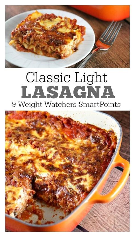 Classic Light Lasagna Recipe - this is the best lasagna ever, and it has been lightened up!  364 calories and 9 Weight Watchers SmartPoints per serving. Light Lasagna Recipe, Weight Watchers Lasagna, Homemade Lasagna Recipes, Cooking Light Recipes, Plats Healthy, Weight Watchers Smart Points, Classic Lasagna, Homemade Lasagna, Smart Points