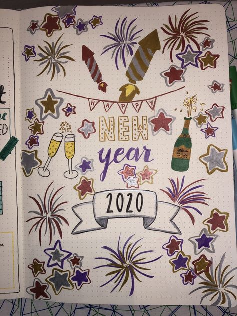 New Year Drawings Ideas, Happy New Year Drawing Ideas 2023, New Year Cover Page, New Years Drawings, New Year Drawing Ideas Kids, Bujo Year Cover, New Years Journal, New Years Drawing, New Year Bullet Journal