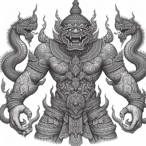 Thai Warrior Tattoo, Fantasy Temple Art, Hanuman Logo, Fantasy Temple, Buddhism Tattoo, Khmer Tattoo, Camera Tattoos, Tattoo Culture, Devil Tattoo