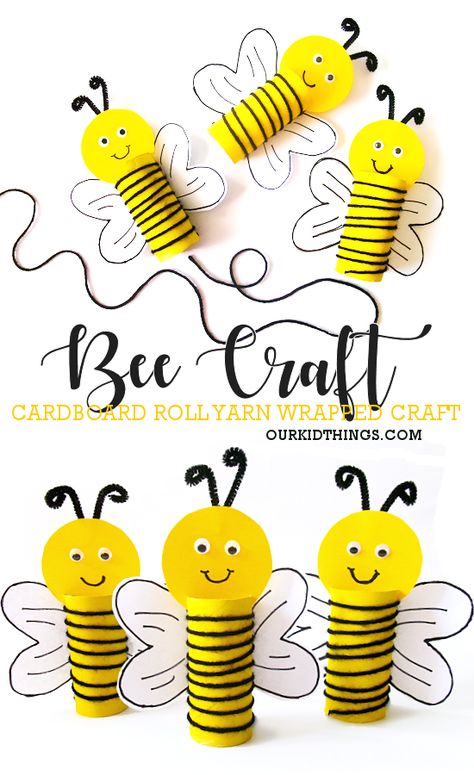 Cardboard Roll Yarn Wrapped Bee Craft Bee Template, Bumble Bee Craft, Bee Craft, Honeybee Art, Bee Crafts For Kids, Bee Printables, Cardboard Rolls, Personal Social, Fun Friday