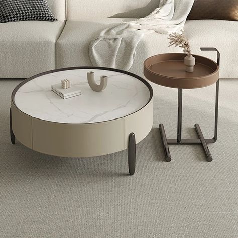 Create A Modern Space In Your Home! Introducing the Ted Round Coffee Table Set. This coffee table set features a marble smooth surface with an additional table with a brown surface to complement the marble. This Ted Round Coffee Table Set from Love Decors enhances your home's beauty and the result is a piece of furniture that is not only aesthetically pleasing but a statement piece for your home. Features: Beautiful marble surface for a modern finish Multi-step polishing process for enhanced bea Hotel Coffee Table, Room Chandeliers Bedrooms, Coffee Table Designs, Marble Tables Living Room, Round Center Table, Round Coffee Table Sets, Loose Furniture, Dream Villa, Lounge Table