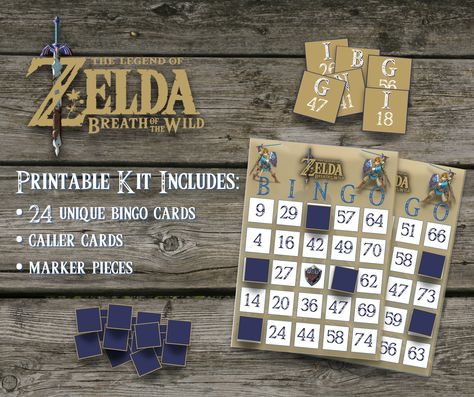 Make your Zelda birthday party a hit with this printable Zelda Breath of the Wild Bingo Card Game. This printable party game kit includes everything you'll need for up to 24 players in a Zelda-themed Bingo game! Downloadable PDF includes: - Instructions - Caller Cards - Marker Pieces - 24 Unique Bingo Cards All cards and pieces are square to make it easy and fast to print at home and cut out, or take to your local print shop to print. We recommend printing on quality white card stock or printing Breath Of The Wild Party, Zelda Birthday Party Ideas, Zelda Themed Birthday, Legend Of Zelda Birthday Party, Legend Of Zelda Birthday, Zelda Birthday Party, Zelda Party, Zelda Birthday, Party Zone