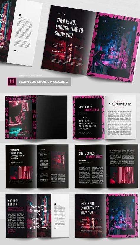 Neon Magazine Layout, Cyberpunk Magazine Layout, Futuristic Magazine Layout, Magazine Layout Design Creative, Magazine Design Layouts Creative, Indesign Layout Inspiration, Neon Magazine, Indesign Inspiration, Lookbook Magazine