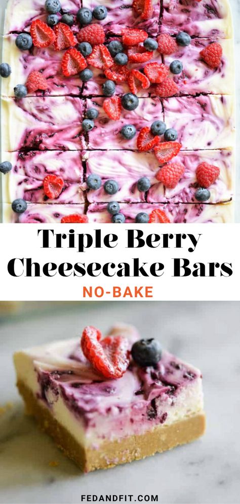 These no-bake cheesecake bars combine a gluten-free graham cracker crust, a simple cream cheese filling, and a triple berry jam swirl for an easy-to-make treat that you'll want to make for every occasion! Triple Berry Jam, Triple Berry Cheesecake, Gluten Free Graham Cracker Crust, Finger Desserts, Gluten Free Graham Crackers, Cream Cheese Bars, Easy Gluten Free Desserts, Cheesecake Bar Recipes, Gluten Free Cheesecake