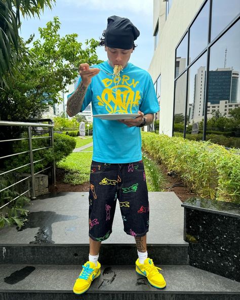 Central Cee Outfit from August 29, 2024 Bear Outfit, Socks Nike, Drippy Outfit, Running Dog, Central Cee, Yellow Sneakers, Save Outfits, Bear Outfits, Rap Aesthetic