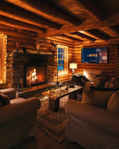 Living room - Netflix Cabin Fireplace, Log Cabin Living, Cabin Living Room, Cabin Aesthetic, Cabin Interiors, Winter Cabin, Cabin Living, Log Cabin Homes, Cabin Style