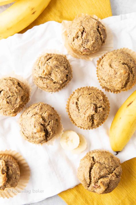 Secretly Healthy Banana Muffins Recipe - Beaming Baker Dense Banana Bread, Healthy Banana Muffins Recipe, Banana Muffin Recipe Healthy, Beaming Baker, Banana Muffins Recipe, Healthy Flour, Healthy Banana Muffins, Banana Muffin Recipe, Banana Bread Muffins