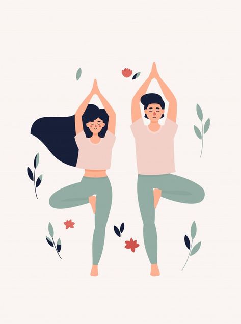 Illustration of woman and man doing yoga... | Premium Vector #Freepik #vector #tree #leaf #yoga #couple Man Doing Yoga, Yoga Tree Pose, Yoga Drawing, Yoga Tree, Arte Yoga, Yoga Illustration, Foto Transfer, Yoga Poster, Man Illustration