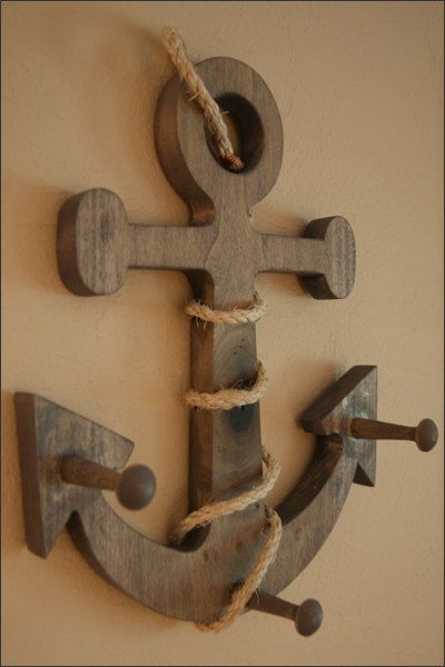 12" Tall Handcrafted Wooden Anchor with Rope 3 Peg Wall Hanging, Nautical Towel Rack, Nautical Décor, Beach or Pool Décor, Hat or Key Hook. $44.99, via Etsy. Anchor With Rope, Wooden Anchor, Decor Marin, Peg Wall, Deco Marine, Nautical Room, Beach Room, Nautical Bathrooms, Wooden Ship