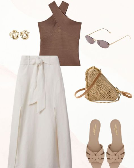 Chic summer outfit idea with crochet bag and linen skirt White Crochet Top Outfit, Trendy Crochet Bag, Philippines Vacation, Chic Capsule Wardrobe, Elegant Summer Outfits, Trendy Chic Outfits, Fall Fashion Coats, Classy Summer Outfits, Crochet Top Outfit