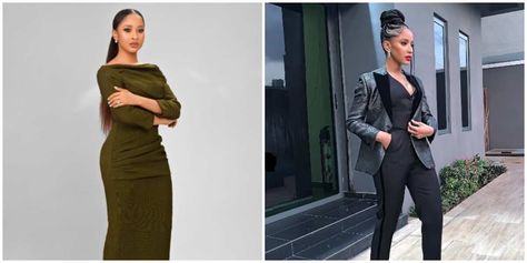 Draw inspiration from the enchanting workwear style of Adesua Etomi. Explore her sophisticated ensembles that fuse professionalism with personal expression. Adesua Etomi Style, Adesua Etomi, Rock Dresses, Workwear Style, Fashion Idol, Olive Green Dresses, Tuxedo Style, Elegant Attire, Green Gown