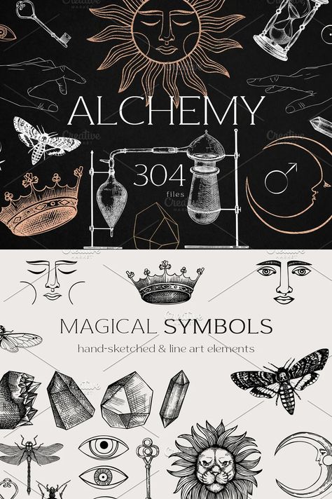 Alchemy. Magical Elements & Symbols, Graphics Alchemy Concept Art, Alchemy Graphic Design, Alchemy Aesthetic Dark, Alchemy Art Illustrations, Alchemy Branding, Magic Graphic Design, Alchemy Aesthetic, Cards Tattoos, Alchemy Logo