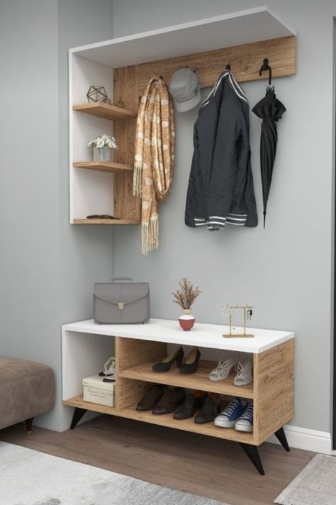 Hall Tree With Bench, Mdf Furniture, Hallway Coat Rack, Coat Rack Shelf, Modern Hallway, Hallway Storage, Open Storage, Solid Wood Furniture, Metal Hooks