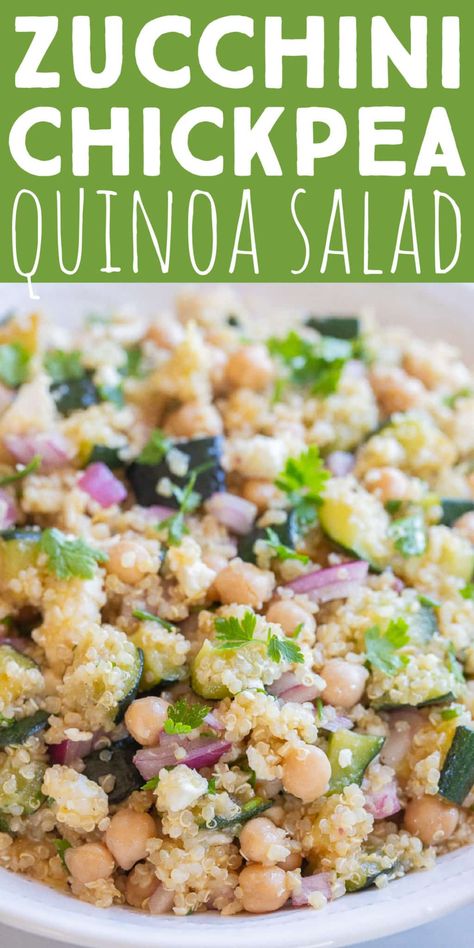 This Zucchini Chickpea Quinoa Salad is tossed in a zingy lemon dressing and packed with vegetables and protein. This delicious summer salad is great for meal prep lunches, a flavorful side dish or a filling afternoon snack. If you have an abundance of zucchini right now, this delicious quinoa salad is the perfect thing to make with it! #zucchinirecipe #quinoasalad #summerrecipe #vegetarian #potluckdish Quinoa Salad With Zucchini, Zucchini Quinoa Salad, Zucchini And Chickpeas, Follicular Phase Snacks, Quinoa Lunch Recipes, Zucchini Chickpea, Fall Quinoa Salad, Chickpea Quinoa Salad, Zucchini Quinoa