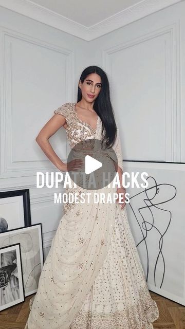 Modest Lehenga Designs, How To Wear Dupatta On Lehenga, Indo Western Saree Look, How To Drape Dupatta On Lehenga, Modest Lehenga, Drape Saree Indo Western, Indo Western Saree, Dupatta Draping, Drape Saree