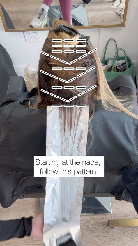 How To Brighten Blonde Highlights, Foilyage Placement, Lived In Blonde Placement, Foil Placement Techniques Balayage, Hair Highlighting Techniques, Foilyage Hair Placement, Foil Techniques Hair Highlights, Hair Sectioning Techniques, Balayage Sectioning Diagram