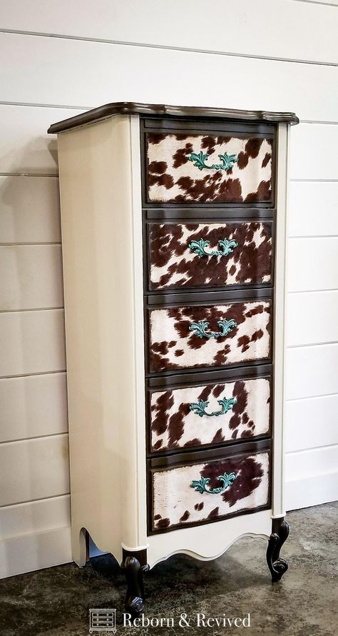 Cow Print Dresser Drawers, How To Repurpose Furniture, Western Dresser Knobs, Boho Cowboy Bedroom, Western Dresser Furniture Diy, Diy Western Dresser Makeover, Western Painted Dressers, Western Furniture Dressers, Western Dresser Makeover