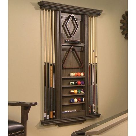 Splendid Pool Cue Cabinet Plans from Maple Wood Boards with Dark Brown Lacquer Finish also Sets of Antique Brunswick Billiard Ball Rack and ... Diy Pool Cue Holder, Pool Room Ideas, Pool Rack, Pool Cue Holder, Basement Bar Plans, Pool Cue Rack, Pool Table Room, Billiards Room, Pool Sticks