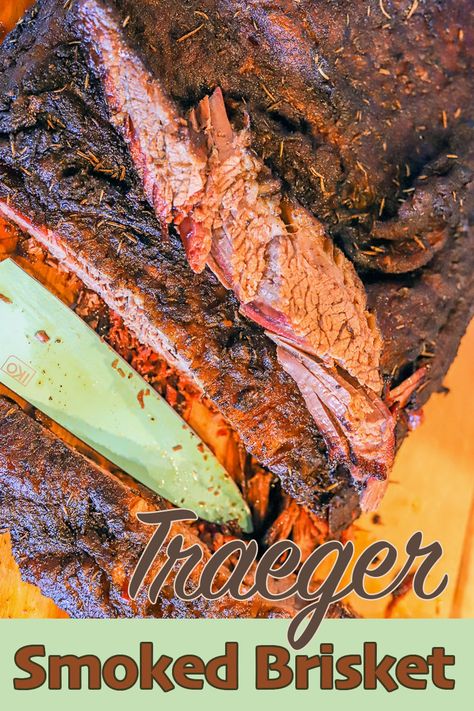 This tender and juicy Traeger Smoked Brisket Recipe takes 12+ hours from start to finish. But you know what they say, good things come to those who wait! #smokedbrisket #TraegerBrisket #HildasKitchenBlog Smoked Brisket Pellet Smoker Traeger, Beef Brisket Recipes Smoked Traeger, Smoked Brisket Traeger Recipes, Beef Brisket Traeger Recipes, Brisket On The Traeger, Brisket Smoked On A Pellet Smoker, Brisket Recipes Smoked Traeger, Traeger Smoked Brisket, Traeger Grill Recipes Brisket