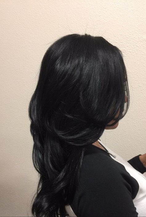 Wolfcut Hair Black Woman, Black Hair In Summer, Jet Black Hair Blowout, Black Glossy Hair, Jet Black Hair Asian, Jet Black Hair Layers, Jet Black Layered Hair, Dark Glossy Hair, Neutral Black Hair