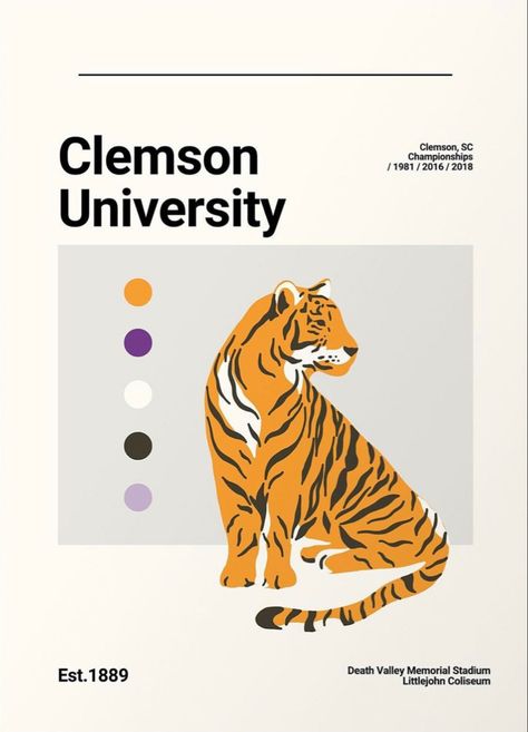 Cute aesthetic pinterest minimalist clemson university tigers clemson football collegiate wall art graphic digital print poster dorm apartment Clemson Wall Art, Clemson Dorm Decor, Clemson Painting, Clemson Dorm, Clemson Dorm Room Ideas, Clemson University Aesthetic, College Posters, Tiger Graphic Design, College Prints