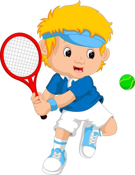 Young boy playing tennis with a racket Sports Day Banner, Farm Quilt, Football Illustration, Playing Tennis, Colouring Pics, Four Kids, Sports Party, Cartoon Boy, Boy Character