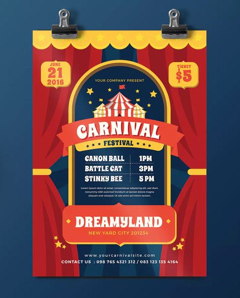 Carnival Fest Flyer Template AI, PSD Carnival Theme Poster, Carnival Pubmat, Carnival Design Ideas, Carnival Poster, Event Agenda, Carnival Design, Circus Design, Carnival Posters, Graphic Design School