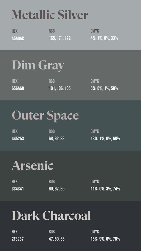 Colors:
A5ABAC
656A69
445253
3C4341
2F3237 Grey Website Design, Cool Tone Color Palette, Pretty Websites, Grey Color Pallets, Grey Colour Palette, Silver Color Palette, Gray Color Palette, Pantone Colour Palettes, Hex Color Palette