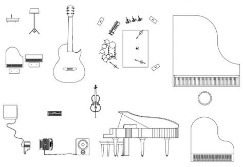 Creative miscellaneous music equipment blocks cad drawing details dwg file Musician Room, Piano Table, Music Studio Design, Music Room Wall, Interior Design Sketchbook, Interior Design Examples, Drawing Details, Home Music Rooms, Apartment Floor