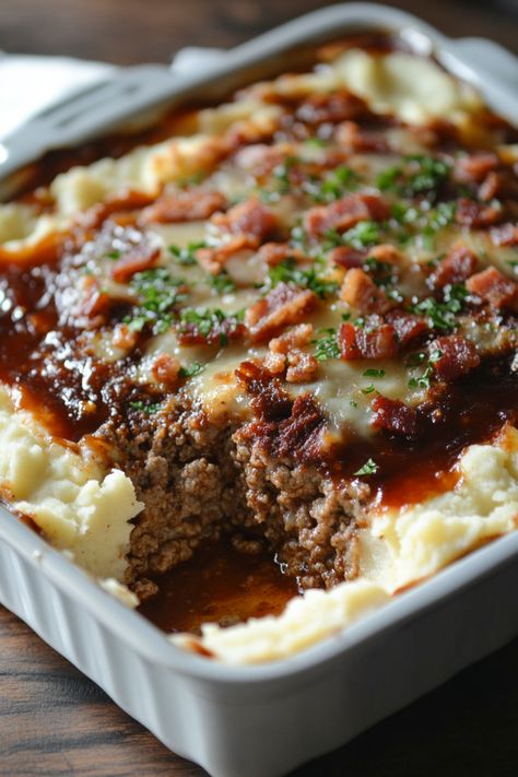 Get a taste of the wild west with Cowboy Meatloaf and Potato Casserole, combining seasoned meatloaf and layers of creamy mashed potatoes, all topped with crispy onion strings. It’s a hearty meal that’s sure to satisfy any appetite. #CowboyCasserole #Meatloaf #HeartyMeal Mashed Meatloaf Casserole, Cowboy Meatloaf And Potato Casserole, Cowboy Meatloaf, Meatloaf And Potatoes, Individual Meatloaf, Onion Strings, Meatloaf Casserole, Baked Chicken Fajitas, Mashed Potato Casserole