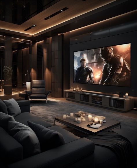 Luxurious Dark Living Room, Black Modern House Interior, Black Theater Room, Dark Interior Design Modern Living Room, Dark Theme Living Room, Dark Interior Design Luxury, Men's Apartment Decor, Black Interior House, Dark Modern Living Room