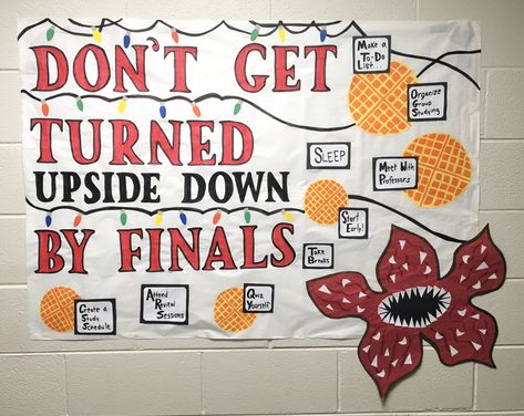 Stranger Things Bulletin Board - Finals Spirit Week Bulletin Board Ideas, Stranger Things Student Council Posters, Stranger Things Ra Bulletin Board, Stranger Things Classroom Door, Stranger Things Classroom Theme, Finals Ra Bulletin Board, Ra Finals Bulletin Board, Inclusive Bulletin Board Ideas, Stranger Things Classroom Ideas