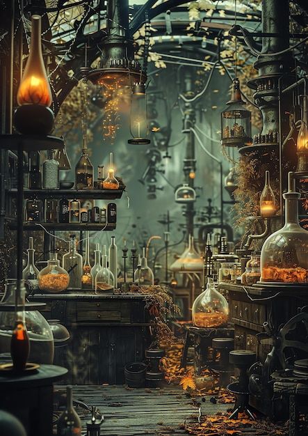 A mad scientist laboratory filled with mysterious experiments halloween frame border | Premium AI-generated image Mad Scientist Lab Concept Art, Haunted Laboratory, Frankenstein Lab, Mad Scientist Laboratory, Laboratory Art, Steampunk Laboratory, Witchy Party, Scientist Laboratory, Mad Scientist Halloween