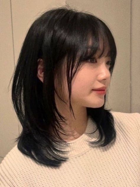 shoulder length layers with bangs Shoulder Length Japanese Haircut, Medium Japanese Haircut, Straight Layers Medium Hair, Medium Hair Length With Layers And Bangs, Haircut Shoulder Length Bangs, Short Layered Haircuts Bangs, Japanese Haircut Bangs, Shoulder Length Korean Haircut, Shoulder Length Asian Hair