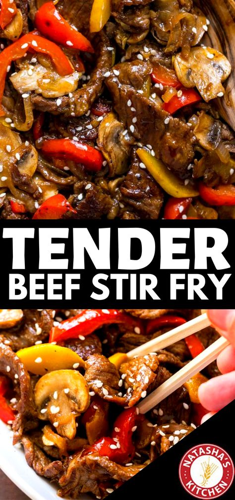 Tender Beef Stir Fry with 3 ingredient sauce, Beef Stir Fry is loaded with mushrooms, zucchini and bell peppers. The easy beef stir fry sauce adds amazing Asian BBQ flavor. Serve this with a side of steamy white rice and you’ll satisfy any craving for takeout.  #stirfry #chinese #takeoutcopycat #beef Beef Stir Fry Sauce, Wok Sauce, Easy Beef Stir Fry, Steak Stirfry Recipes, Stir Fry Meat, Stir Fry Sauce Recipe, Asian Bbq, Beef Stir Fry Recipes, Easy Stir Fry Recipes