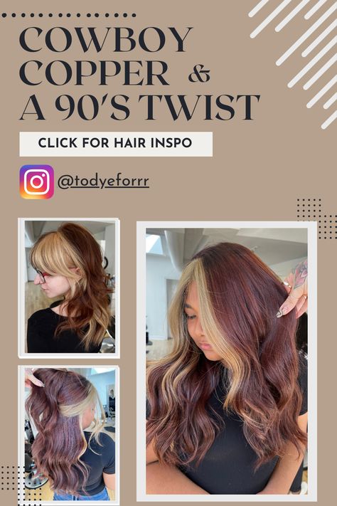 Cowboy Copper with a 90's twist! #cowboycopper #copper #hair #hairinspo #hairgoals #colourblock #colorblock #2023trends #hairinspo #copperhair #90shair Blonde With Copper Peekaboo, Copper Peekaboo, Cowboy Copper Hair With Blonde, Blonde With Copper, Cowgirl Copper Hair, Cowgirl Copper, Hair Tiktok, Cowboy Copper, 90s Hairstyles