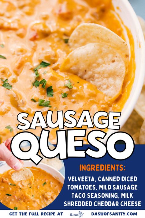 sausge queso with chips being dipped in it, with ingredients list included Caso Dip, Sausage Queso Dip, Sausage Queso, Sausage Tacos, Recipe For Sausage, Large Group Of People, Queso Dip Recipes, Queso Recipe, Canning Diced Tomatoes