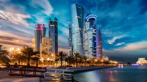 #doha #cityscape #skyscrapers #qatar #metropolis #landmark #skyline #evening #4K #wallpaper #hdwallpaper #desktop Qatar Travel, Floating Hotel, Rich Country, Qatar Doha, Heathrow, Local Guide, City Center, Doha, Countries Of The World