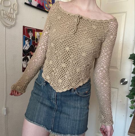 crochet, sweater, off the shoulder Crochet Off The Shoulder Sweater, Sweater Off The Shoulder, Tan Crochet, Off The Shoulder Sweater, Crochet Sweater, Shoulder Sweater, Off The Shoulder, Crochet, How To Wear