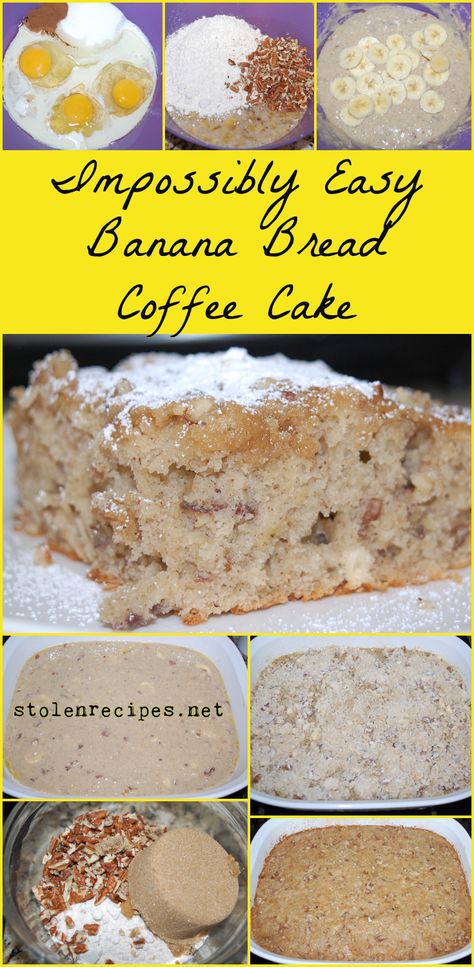 This coffee cake gets some help from Bisquick mix. Bananas are mashed and mixed with sugar, milk, vegetable oil, cinnamon and eggs. Bisquick and chopped nuts are mixed into the banana mixture. The batter is poured into a casserole dish. A streusel topping is made with more bisquick, chopped nuts, brown sugar and butter. The finished coffee tastes like banana bread! Banana Bread Coffee Cake, Bisquick Coffee Cake Recipe, Bisquick Recipes Breakfast, Bisquick Banana Bread, Banana Coffee Cakes, Recipes With Soy Sauce, Bisquick Recipes, Banana Nut Bread, Coffee Cake Recipes