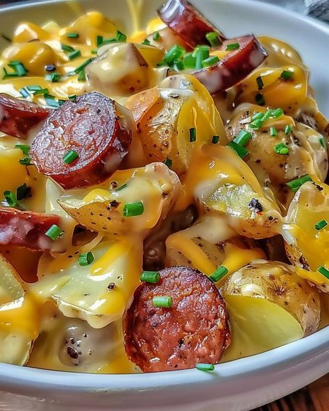 Everything Grandma | Smoked Sausage and Ranch Potato Bake | Facebook Smoked Sausage And Potato Bake, Ranch Potatoes Baked, Sausage And Potato Bake, Campbells Recipes, Ranch Potatoes, Potato Bake, Shredded Cheddar Cheese, New Potato, Smoked Sausage