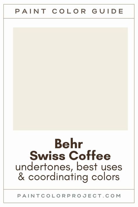 Looking for the perfect white paint color for your home? Let’s talk about Behr Swiss Coffee and if it might be right for your space! Beth Swiss Coffee, Behr Swiss Coffee Exterior Paint, Behr Coordinating Paint Colors, Swiss Coffee Paint With White Trim, Behr Trim Colors, Behr Swiss Coffee Cabinets, Behr Swiss Coffee Exterior, Bm Swiss Coffee Vs Behr Swiss Coffee, Cameo White Behr Paint