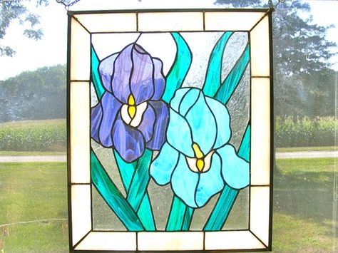 15x18 Two Irises Stained Glass Panel by PurpleBears on Etsy, $280.00 Blue Lilies, Glass Theme, L'art Du Vitrail, Louis Comfort Tiffany, Flower Panels, Stained Glass Window Panel, Tiffany Stained Glass, Stained Glass Panel, Stained Glass Flowers