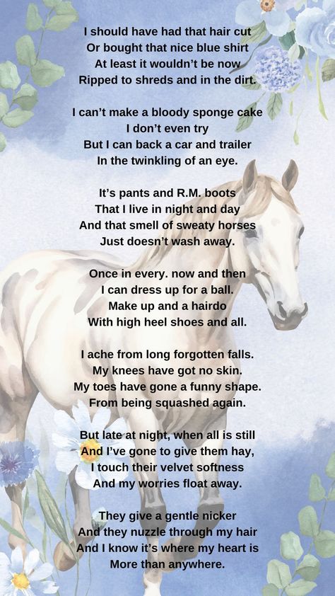 🌟 Why Do I Like Horses? 🌟 This poem beautifully captures the life of every horse lover—the dedication, the sacrifices, and the indescribable joy that comes from being around these beautiful creatures. 🐴❤️ From immaculate stables to wearing R.M. boots day and night, the passion for horses is a unique and deeply rooted madness that only true horse enthusiasts understand. If you see yourself in these lines, you're not alone. Share your horse love stories with us and let’s celebrate this wonde... Horse Poems, See Yourself, You're Not Alone, Love Stories, Horse Love, The Passion, Day For Night, Day And Night, Horse Lover